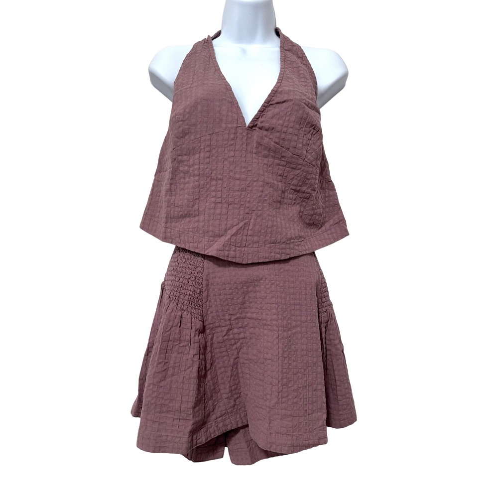 FREE PEOPLE Free-est Drew Pucker Check Skirt Set Mauve beach resort sz XL - Picture 2 of 6